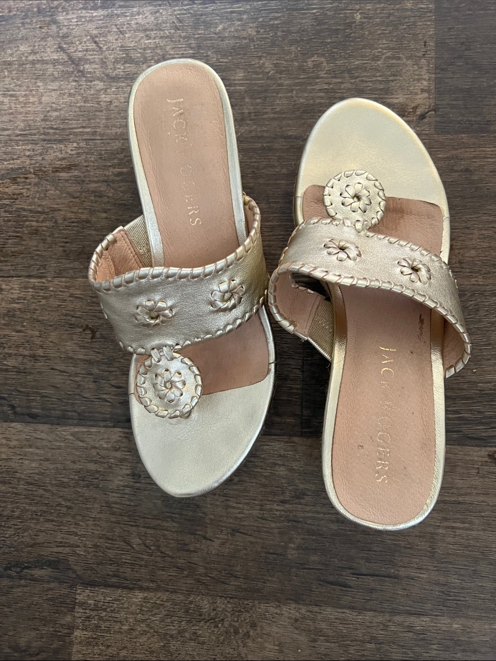 Jack Rogers Metallic Gold Leather Slide Sandals with Whipstitch Medallions